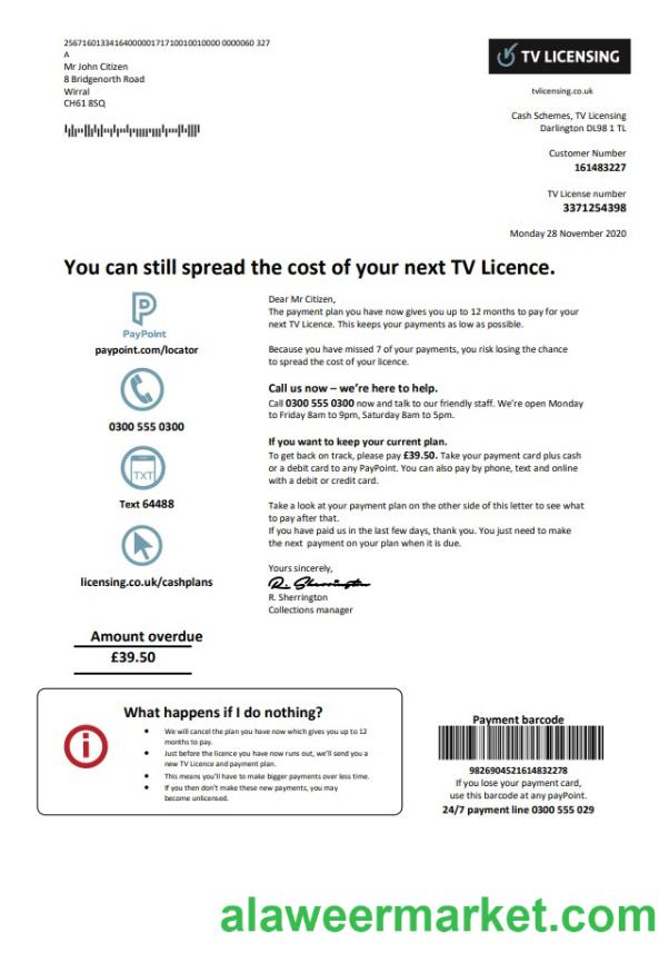 United Kingdom TV Licensing utility bill template in Word and PDF format